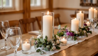 Elegant dining table with candles and floral decorations indoors  