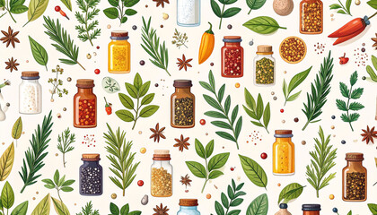 A vibrant seamless pattern showcasing an array of assorted spices in small glass jars, accompanied by fresh herbs and whole spices on a white background