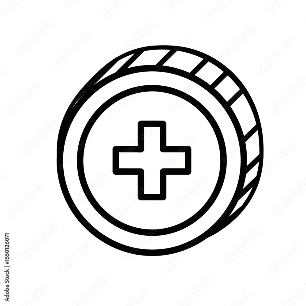 Poster vector icon of a coin with a plus symbol on a white background