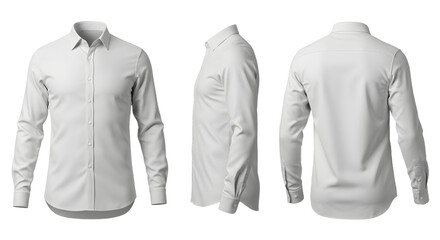 A clean, white long-sleeve shirt displayed from multiple angles, showcasing its design and fit against a neutral background