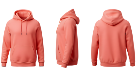 A coral hoodie displayed from multiple angles, showcasing its design and texture against a neutral background