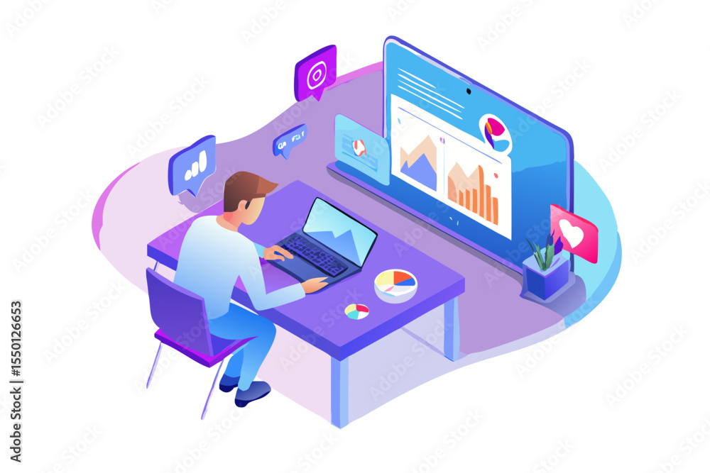 Poster man working on laptop with data analytics charts and graphs displayed on a large screen in isometric