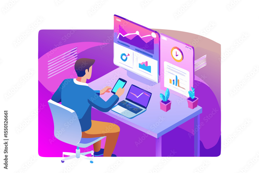 Poster man working at desk with multiple screens displaying financial charts and data analytics on a purple
