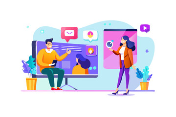 Diverse professionals collaborating and learning through online presentations and digital communication tools