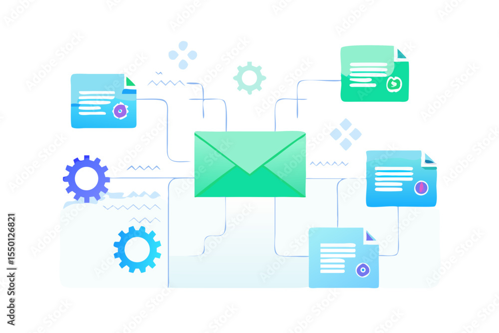 Poster Digital communication concept with an email envelope connected to documents and gears representing workflow and data processing