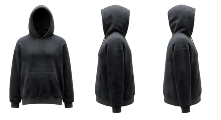 A cozy black hoodie displayed from multiple angles, highlighting its soft texture and design, suitable for casual wear