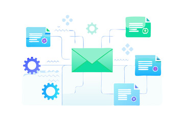 Digital communication concept with an email envelope connected to documents and gears representing workflow and data processing
