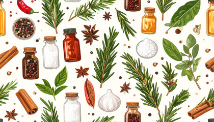A vibrant seamless pattern featuring various herbs, spices, and seasonings in small glass bottles and bowls, against a clean white background