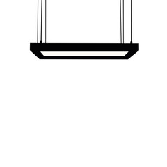 Modern rectangular black pendant lamp with four cables hanging from ceiling. Stylish lighting fixture provides bright illumination for interior design.  