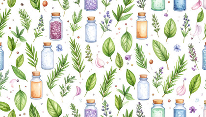 Watercolor pattern of herbs, spices, and salts in glass jars with cork stoppers, set against a white background.  A repeating design featuring sprigs of rosemary, basil, and lavender