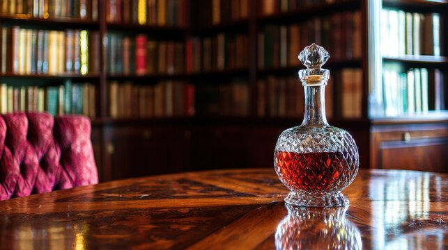 Elegant crystal decanter on a wooden table in a timeless library filled with books - Powered by Adobe