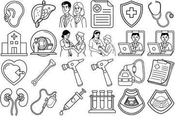 Fototapeta premium Medical Icons Set Healthcare Line Art Drawings Doctors Nurses Hospital Equipment