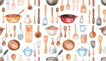 Watercolor kitchenware pattern featuring pots, pans, wooden spoons, spatulas, knives, and whisks on a white background.  The style is rustic and charming