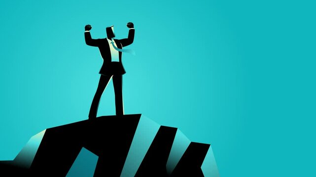 Business concept motion graphic of a businessman standing on top of rock. Spirit, determination concept