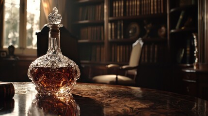 Elegant crystal decanter with amber liquor on a vintage wooden table in a cozy library during golden hour