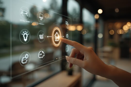 A hand touches a glowing smart home interface for modern digital automation.