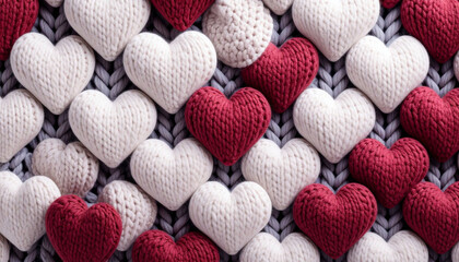 A close-up of numerous small, knitted hearts in cream and burgundy, arranged on a grey knitted background, creating a textured, romantic pattern