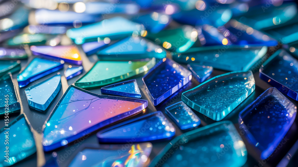 Poster a close-up macro photograph of shattered glass fragments creating a mosaic pattern.