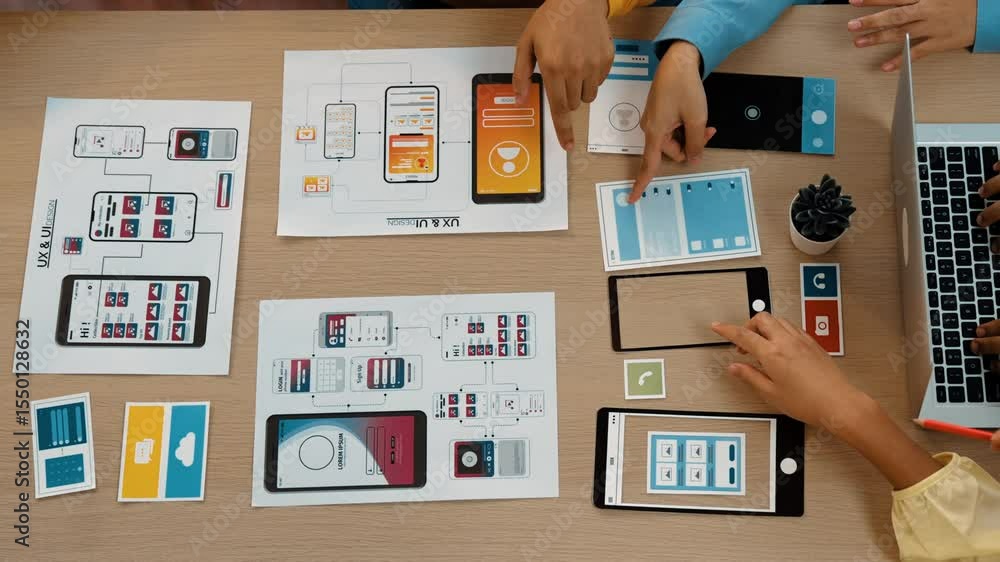 Poster top view panorama video of startup company employee planning on user interface prototype for mobile 