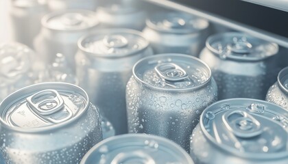 Close-Up Of Beer Cans With Ice Cubes In Mini Refrigerator. Overflowing Aluminum Cans In Cold Ice, Water Droplets On Chilled Drink.