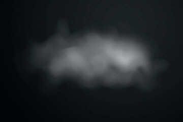 Smoke effect background. Realistic decorative fog in the air, vapor, creeping smoke puff. Layout of cloudy smog. Transparency vector illustration.
