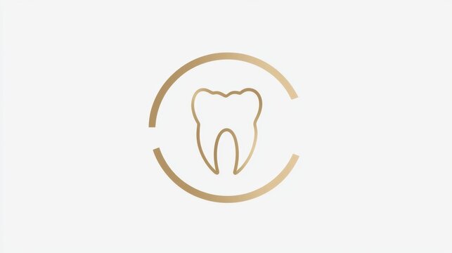 Dental logo design featuring a minimalist tooth symbol in a circular frame with a gold and white color scheme