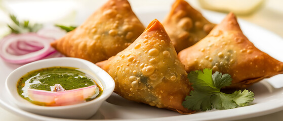 Golden Samosas with Green Chutney and Onion Slices