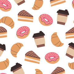 Coffee and sweets cartoon seamless pattern. Disposable coffee cups, cakes, croissants and donuts.