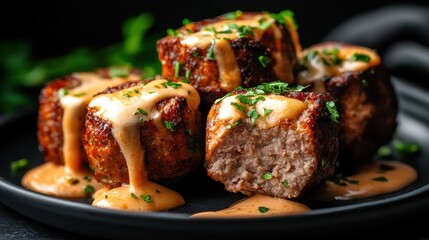A close-up view of golden-brown meatballs topped with a creamy sauce and garnished with herbs on a stylish plate, inviting culinary delight and highlighting gourmet presentation.