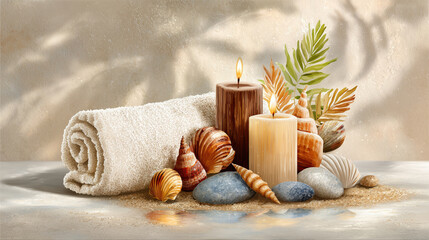 Relaxing spa scene with candles, seashells and towel on sand in warm light with copy space, digital painting