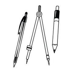 A drawing compass, pencil, and mechanical pencil are displayed on a transparent background