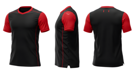 A dynamic sports jersey featuring a sleek black design with vibrant red accents, showcased from multiple angles against a neutral background
