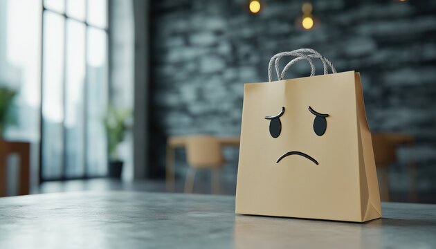 Unhappy Businessman Client Experiencing Negative Reviews: Customer Experience On Paper Bag With Sad Emotion Face Against Blurred Concrete Wall.