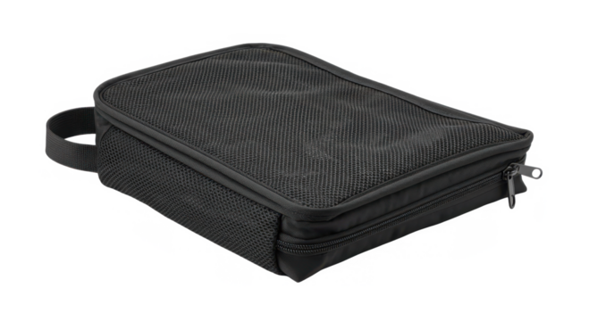 Black travel packing organizer bag with zipper closure and handle  