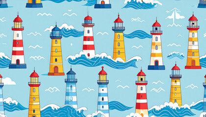 A repeating pattern of colorful lighthouses amidst stylized ocean waves and seagulls on a light blue background