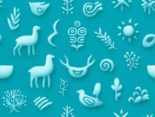 Colorful abstract illustration featuring various nature-inspired symbols and shapes, including birds, plants, and sun motifs, set against a vibrant turquoise background