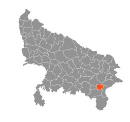 Obraz premium Bhadohi (Sant Ravidas Nagar) District Highlighted in Uttar Pradesh State Map of India