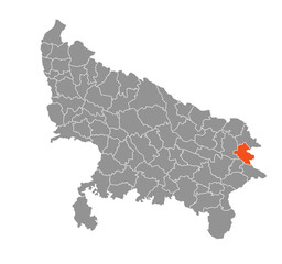 Deoria District Highlighted in Uttar Pradesh State Map of India