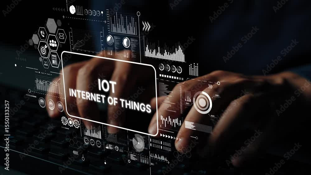 Aufkleber hands typing on keyboard with digital icons representing internet of things concept and data visuali