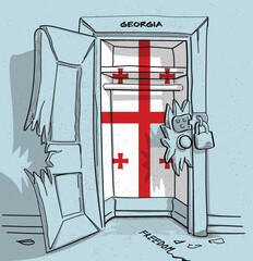 Georgia's path to freedom. A political illustration of a broken but locked door with the national flag. A metaphor for struggle and hope.