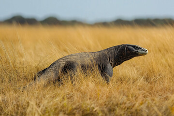Wild Komodo Dragon Disappearing into Grassland