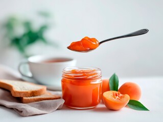 Spoonful of vibrant apricot jam hovering above a glass jar, with fresh apricots and slices of bread on a soft linen cloth, creating a delightful breakfast scene
