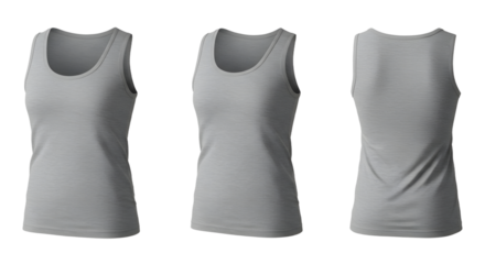 A gray tank top displayed from three angles, showcasing its design and fit, ideal for casual wear or athletic use