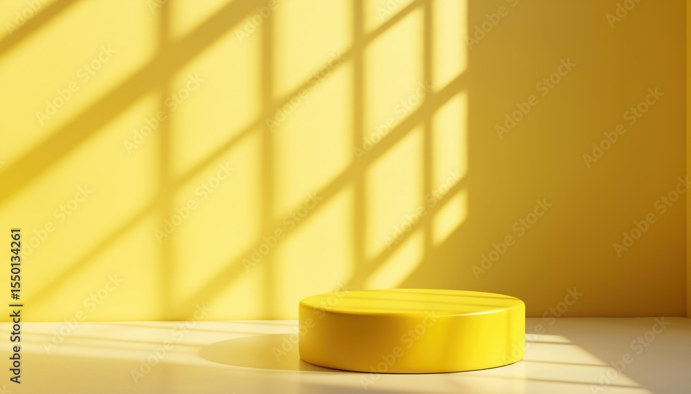 Poster yellow mustard abstract cylinder pedestal podium in empty room with window shadow rendered for produ