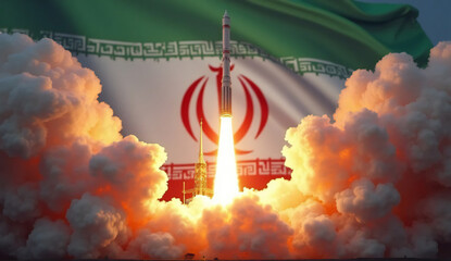 Iran Rocket Launch with National Flag - Military Strength and Geopolitical Tension Concept