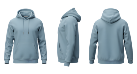 A light blue hoodie displayed from multiple angles, highlighting its design and texture against a neutral background