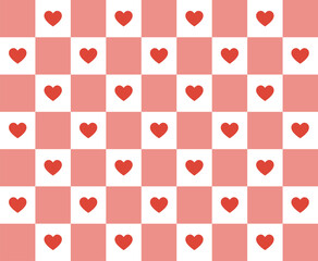 Vintage Heart background. Red and pink love seamless pattern illustration. Romantic checkered heart background. Romantic design for Valentine's Day. Backdrop texture. Flat Design, Hippie Aesthetic.