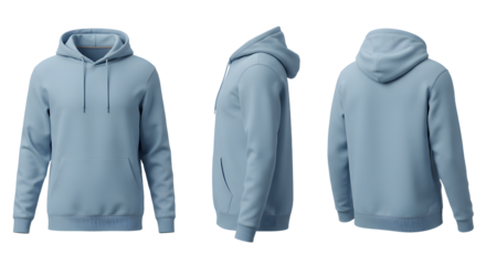 A light blue hoodie displayed from multiple angles, showcasing its design, fabric texture, and casual style