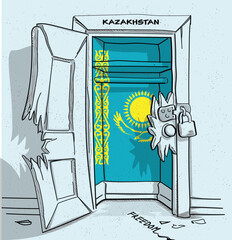 Kazakhstan's path to freedom. A political illustration of a broken but locked door with the national flag. A metaphor for struggle and hope.