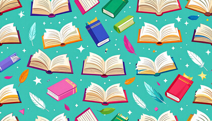 A teal background showcases a whimsical pattern of open and closed books, interspersed with feathers and sparkling stars, evoking a magical, literary atmosphere
